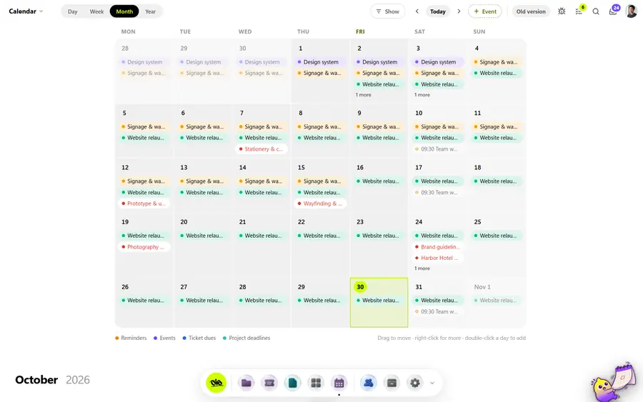 The OIO calendar for a month with ticket due dates, project deadlines and events