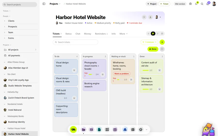 An OIO kanban board with tickets in columns by status