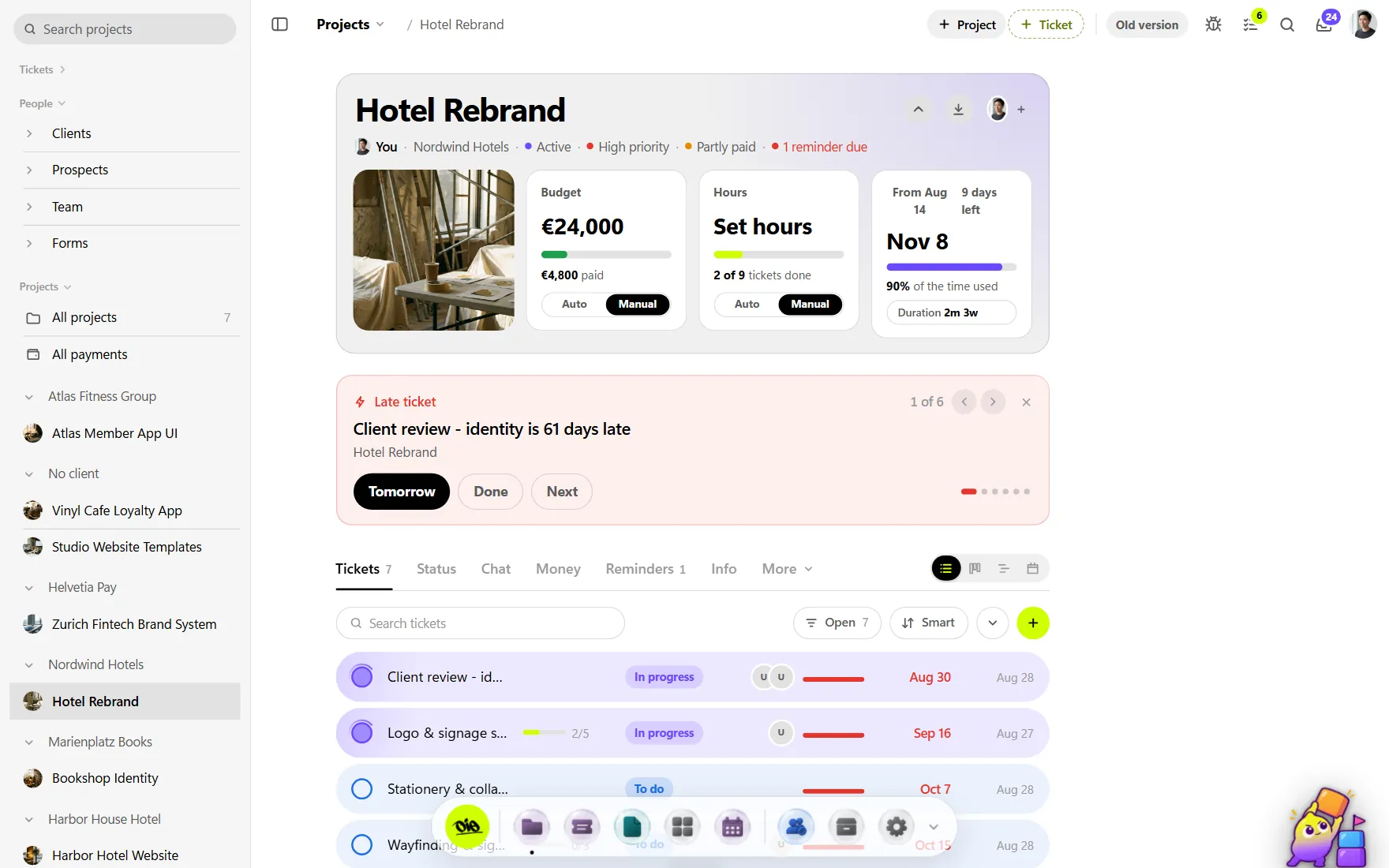An OIO project page for a product render job: budget $6,800 with $3,400 paid, 64 hours, deadline Oct 18 with 12 days left, and a late ticket on top
