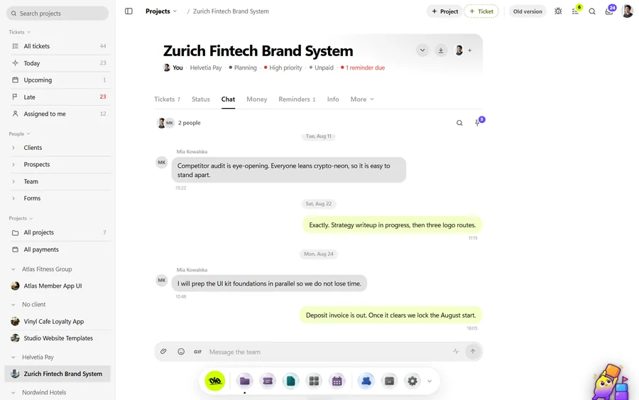 An OIO project's team chat with messages and project updates