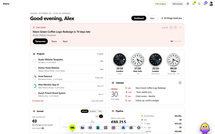 The OIO home dashboard with active client projects, late tickets, a calendar and the money still to come