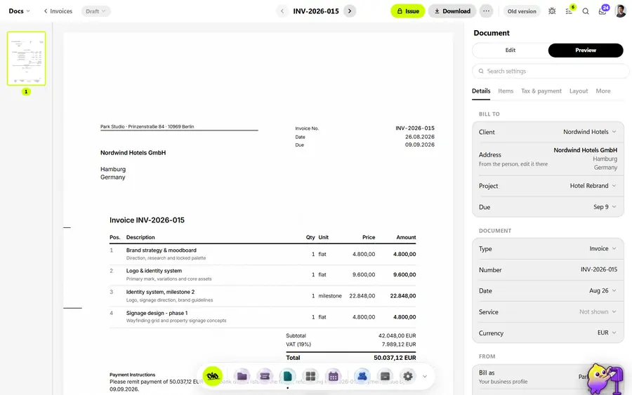 An issued invoice with its total, sent date, due date and paid status