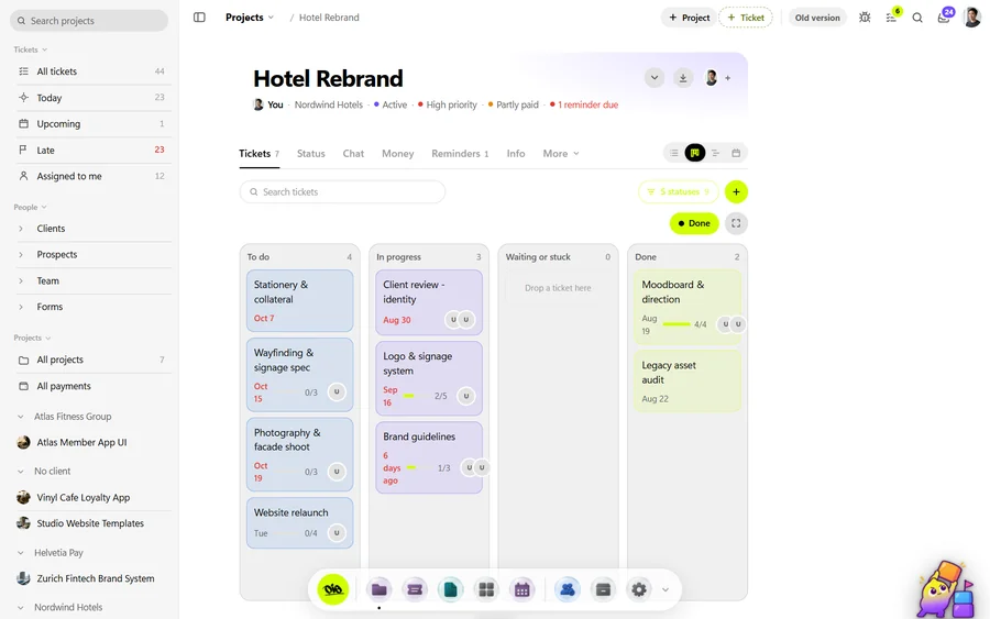 An OIO kanban board for a rebrand project with tickets for wordmark, brand voice and guidelines