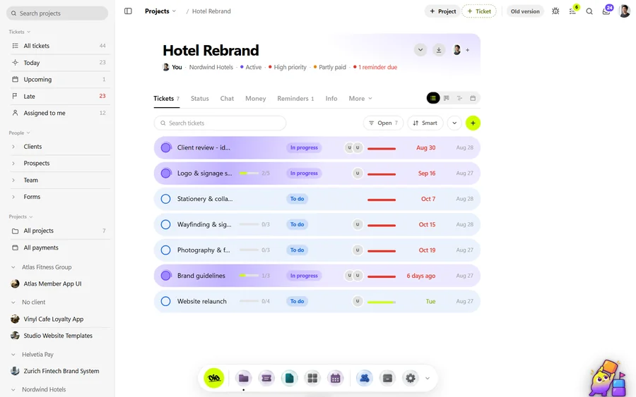 An OIO project page with its tickets, status, money and reminders tabs
