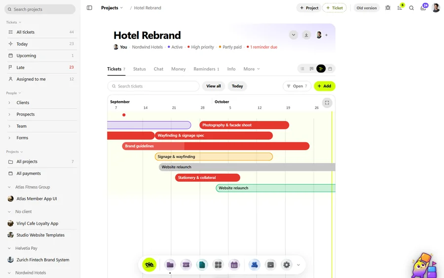 An OIO timeline with tickets laid out against dates