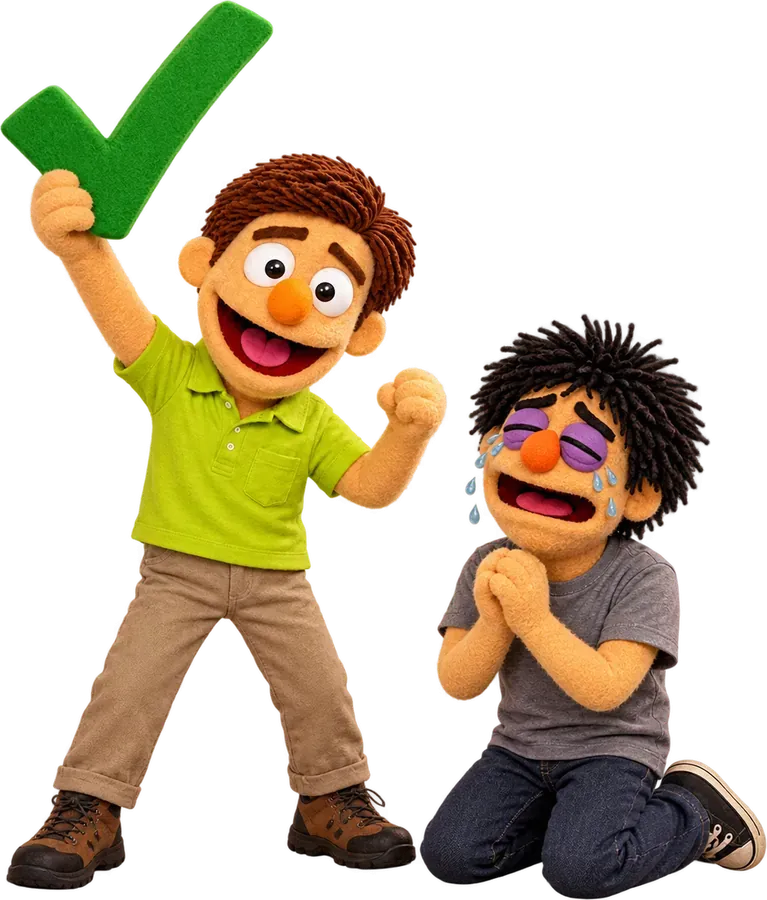Walt holding up a big green check mark while Hank kneels with his hands together, relieved