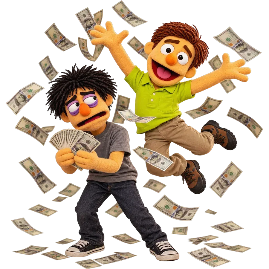 Walt jumping for joy while Hank holds a fan of banknotes
