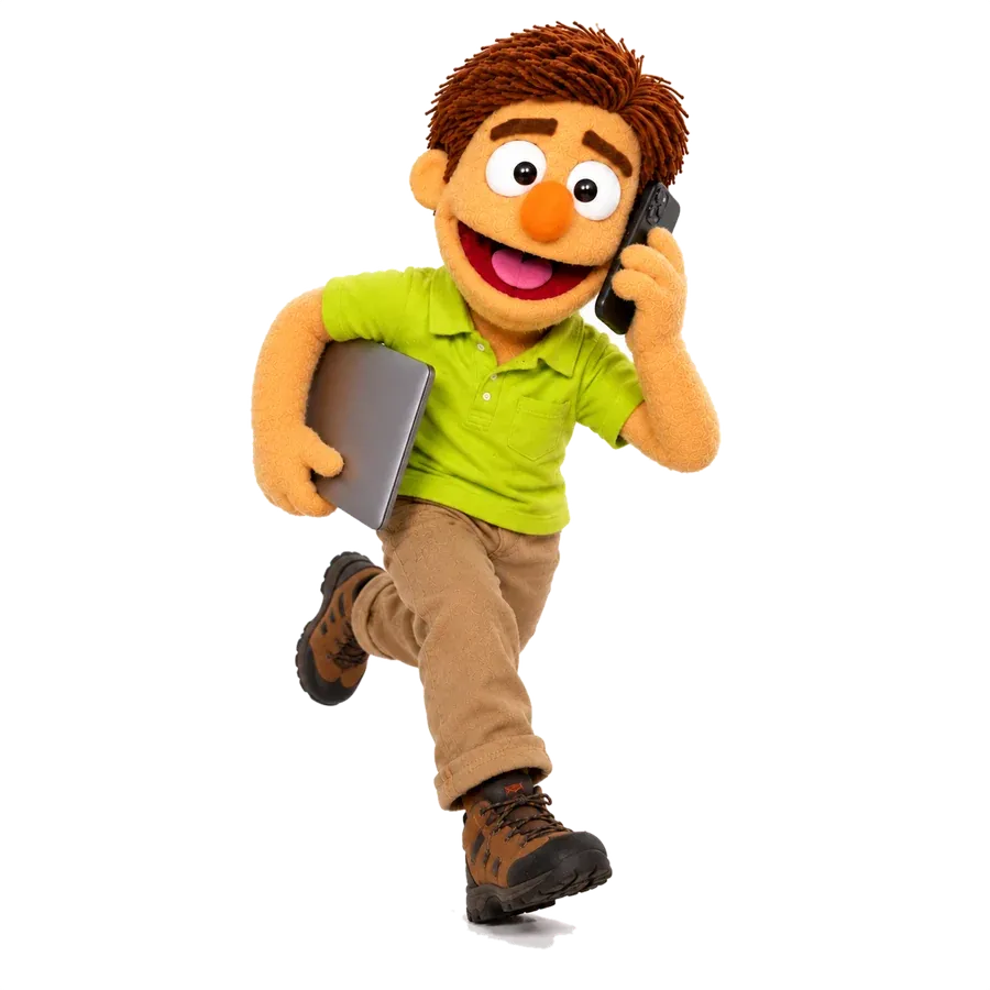 Walt hurrying along with a laptop under his arm and a phone at his ear