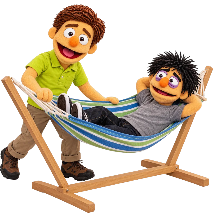 Hank relaxing in a hammock while Walt stands beside him grinning