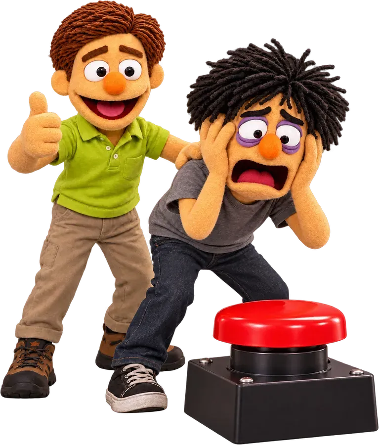 Hank clutching his head next to a big red send button while Walt gives a thumbs up behind him