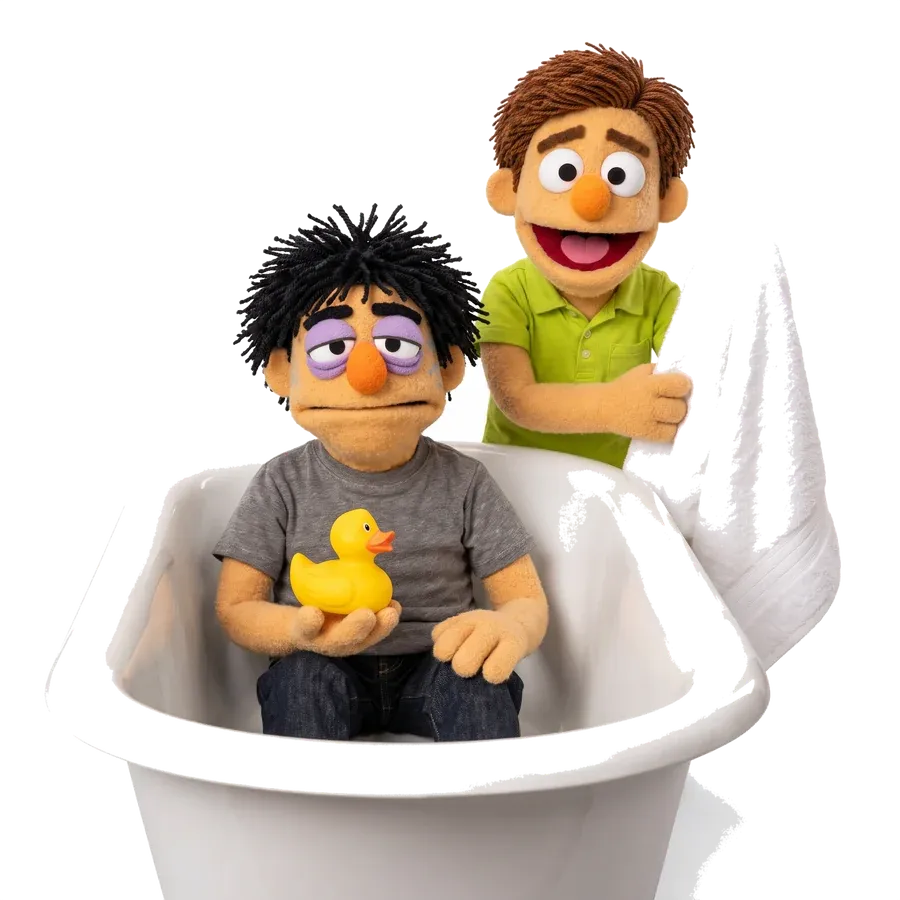 Hank sitting fully clothed in a bathtub holding a rubber duck while Walt grins behind him