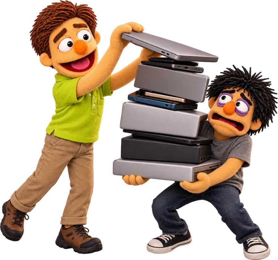 Walt piling one more laptop onto the tall stack Hank is struggling to carry